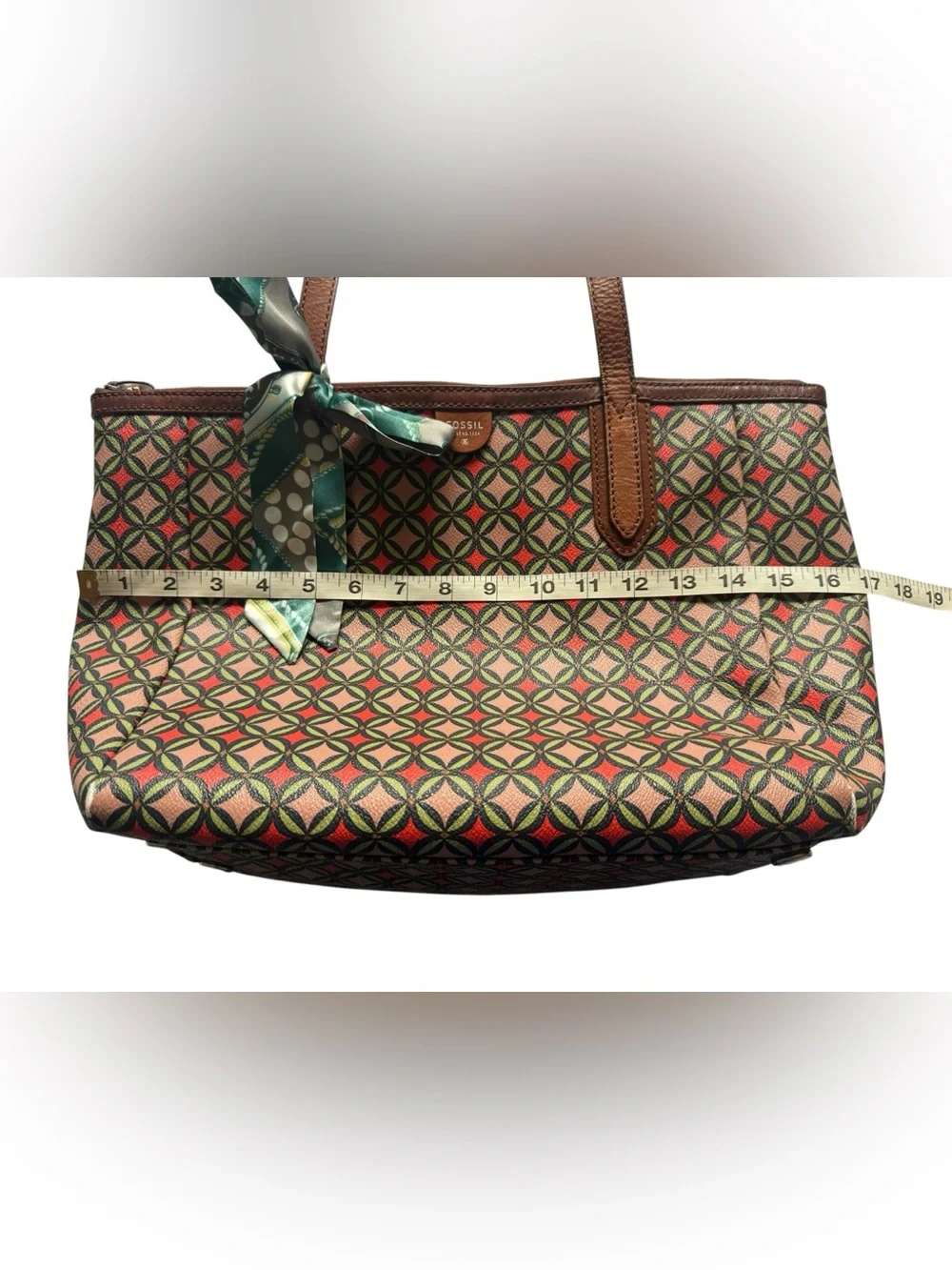 Fossil Sydney Tote Coated Leather Geometric Design Minimalist Large Tote Bag